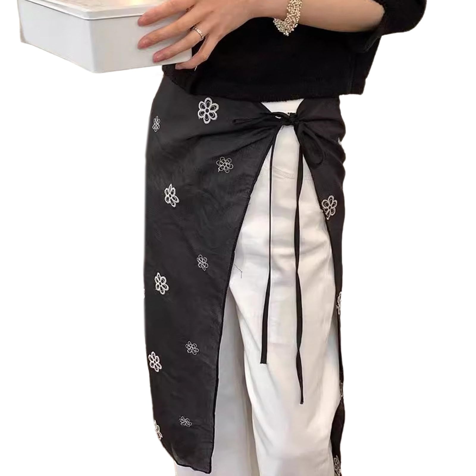 Buxuaaaa Korean Vintage Embroidery Flower Long Half Skirt Hip Scarf Fashion Tie Up Apron Wrap Skirt Covering Overskirt Apron
