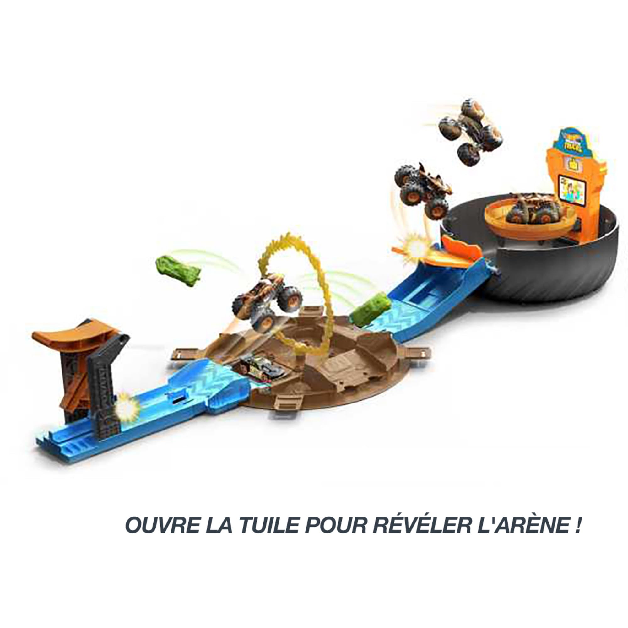 Hot Wheels Monster Trucks Coffret Arène Roue, avec 3 Monster Trucks et 3 véhicules à l’échelle 1/64, Cadeau pour Enfants de 4 à 8 Ans, HHY74