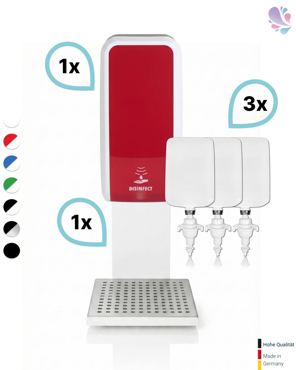 Set Cosmos Sensor Desinfektionsspender + Ständer Rot-Weiß | Berührungsloser Cosmos Desinfektionsspender mit Sensor, Tischständer und 3x1 L Händedesinfektion für 3.000 Anwendungen