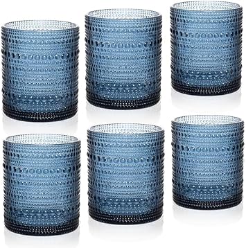 Cocktail Glasses 10 oz Hobnail Drinking Glasses Set of 6, Vintage Glassware, Textured Glass Cups Bubble Glasses Water Glasses Old Fashion Jupiter Glasses Set, Blue