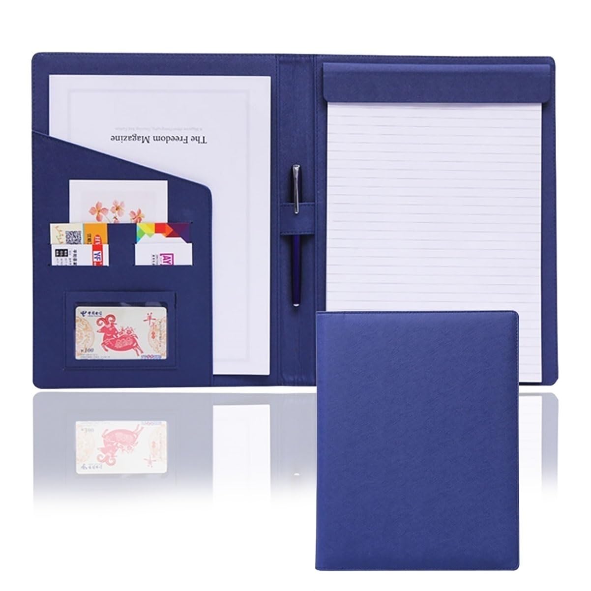 Organizzatore di cartelle Padfolio Cartella portfolio in pelle PU for portablocco A4 Padfolio aziendale for curriculum, blocco legale e raccoglitore formato lettera for interviste for donne/uomini(Blu