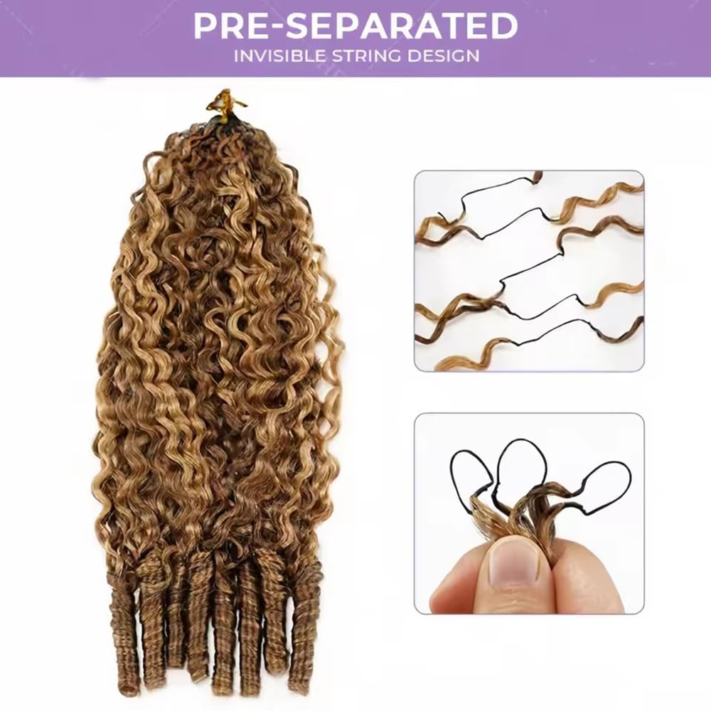 #4/27 Ombre Color Highlight Deep Wave 100% Human Hair 10A Water Wave Miracle Knots Feather Crochet Human Hair With Spiral Curly End Pre-Looped Highlight Burmese Curly Bulk Human Hair For Braids 60g 18