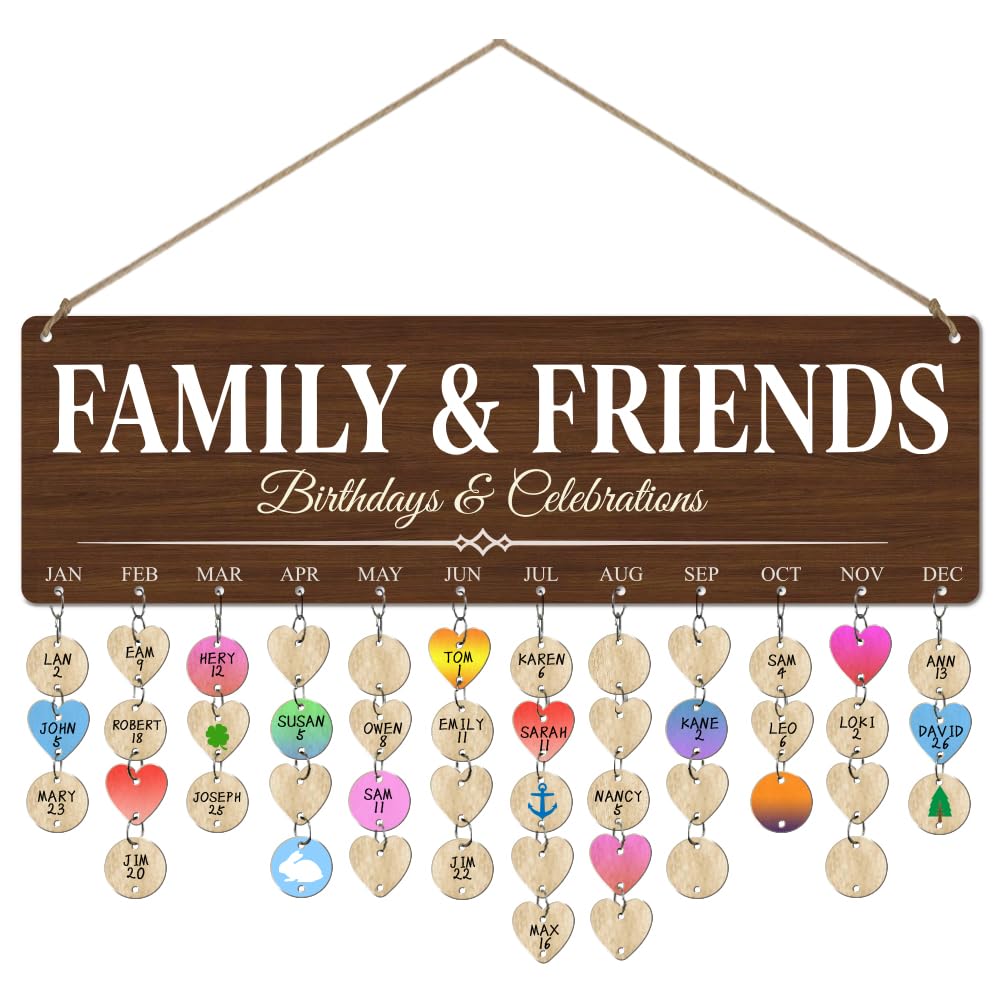 arricraft Wooden Birthday Reminder Calendar, 40x12cm/15.7"x4.7" Brown Family Friend Birthday Anniversary Reminder Wood Plaque with 100pcs Wood Tags for DIY Birthday Tracker Family Wall Decor