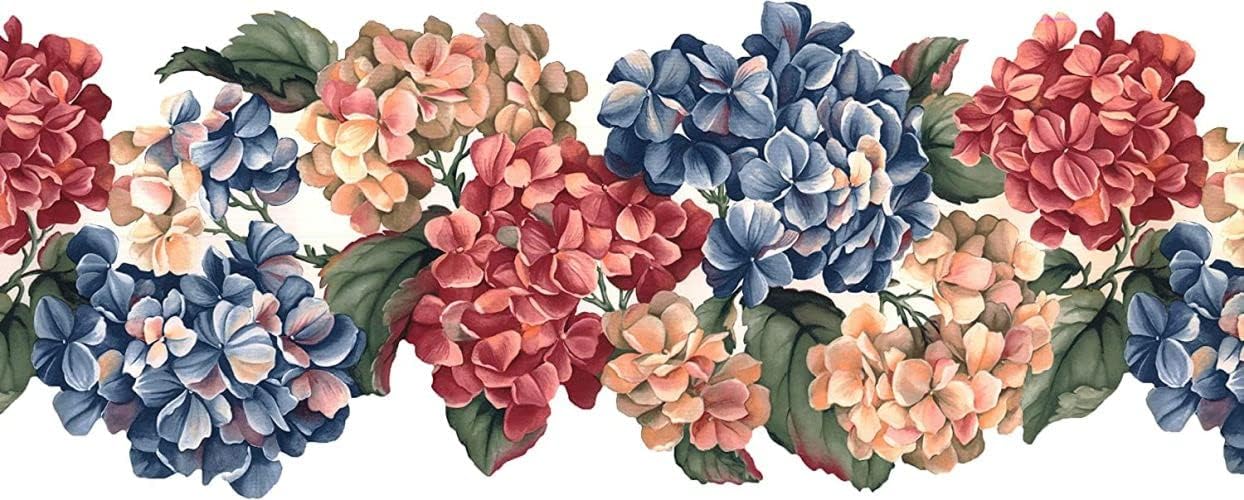 CONCORD WALLCOVERINGS ™ Wallpaper Border Floral Pattern Flowers Leaves for Bedroom Living Room, Red Blue Green Creamy Navy White, 9.5 Inches by 15 Feet WV7462B