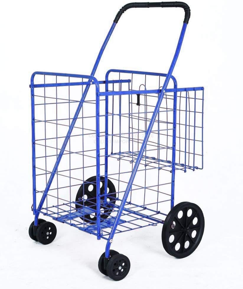 Folding Shopping Cart Double Basket Jumbo Size 150lb Capacity (Blue)