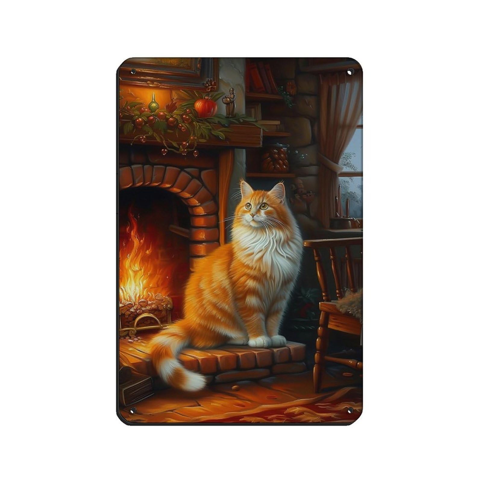 Lxwnze 20L X 30W Cm Cottage Cat On Fireplace Oil Painting Poster Retro Poster Metal Tin Sign Chic Art Retro Iron Painting Bar People Cave Cafe Family Garage Poster Wall Decoration 8X12inch(20X30cm)