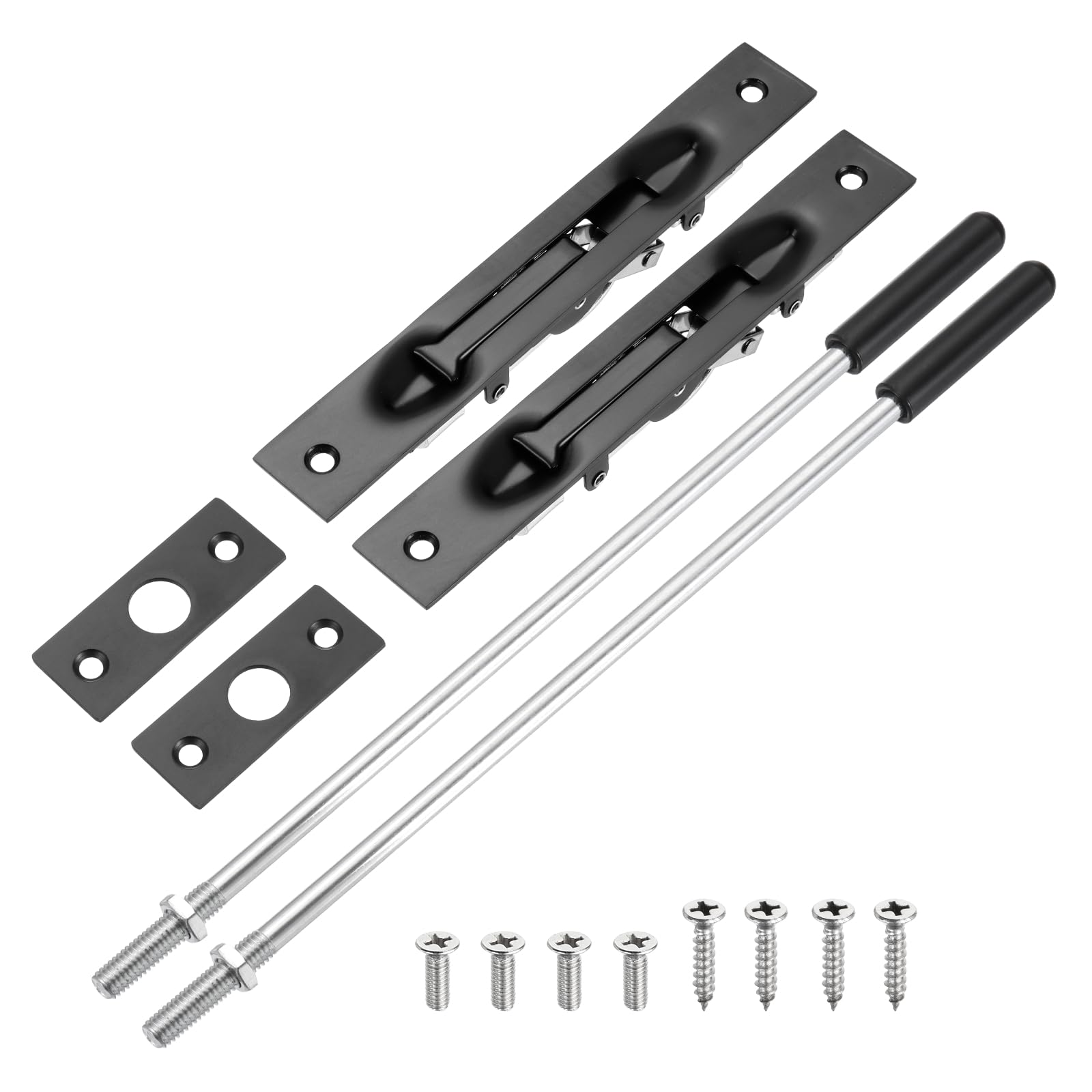 sourcing map 2 Pack Extension Flush Bolt with Rod, 12 Inch Stainless Steel Door Flush Bolt Latch Concealed Security Door Lock for Double French Doors, Composite, Wood Doors, Black