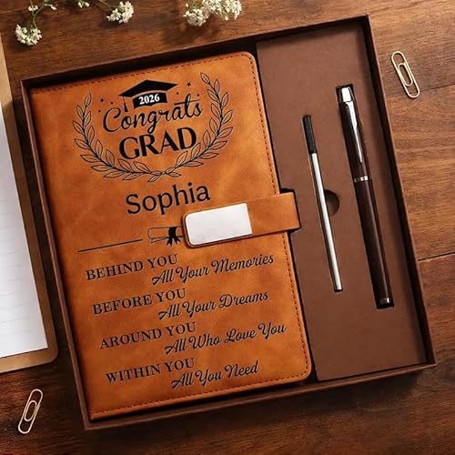 WANDER PRINTS Personalized Leather Notebook Set - Graduation Keepsake Journal with Pen, Custom Name Congrats Grad Gift Idea, Class of 2026 Memory Book, Senior Celebration - Behind You All Memories Congrats Grad