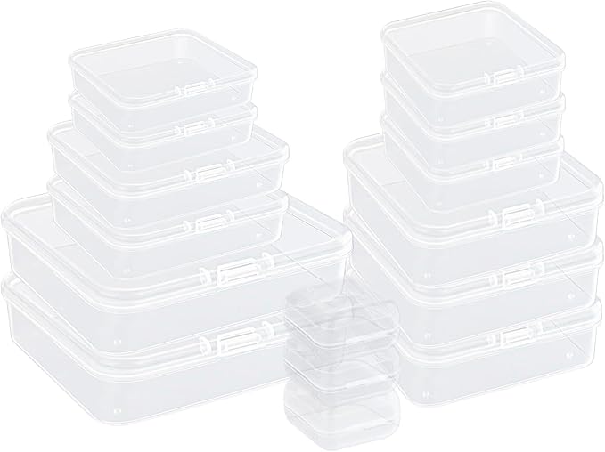IBEQUEM 15Pcs Mixed Sizes Rectangular Empty Plastic Box, Mini Clear