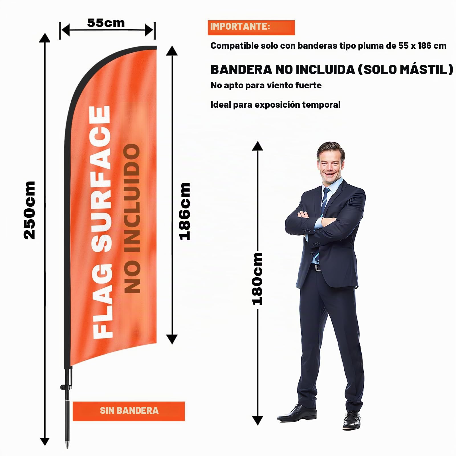 Kit de mástil de bandera de plumas, 2,44 m, mástil de bandera de plumas sin viento para negocios publicitarios