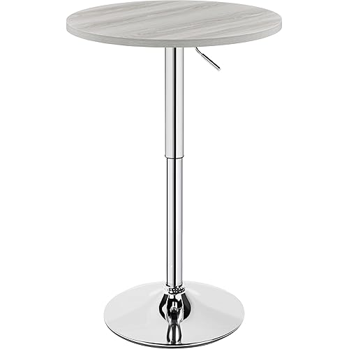 Yaheetech Round Bar Table, Adjustable Height and 360° Swivel Bar Tables, Cocktail Table with MDF Top, Silver Leg Base for Bar, Bistro, Café, Grey