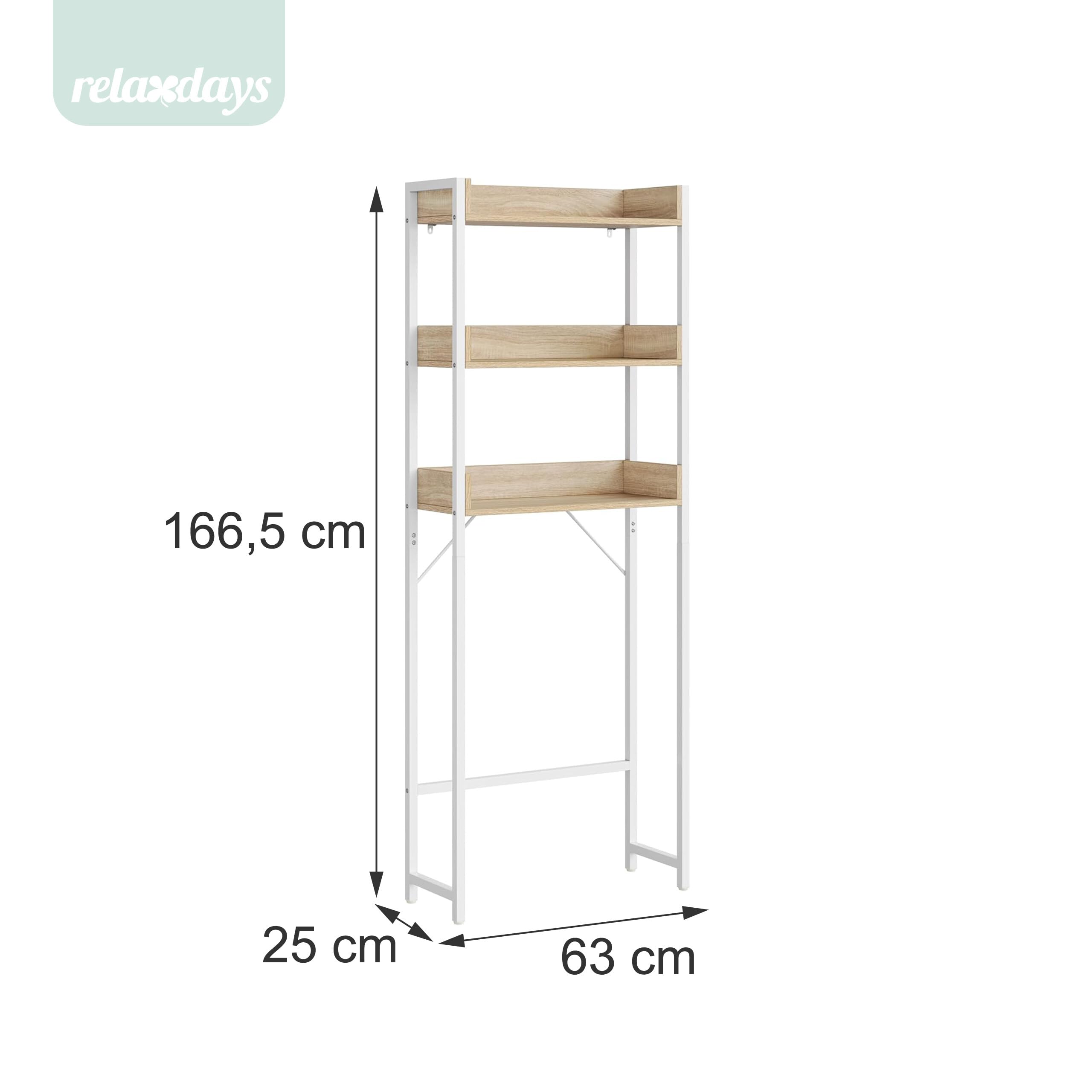Relaxdays Waschmaschinenregal 3 Ablagen, braun-weiß | Regal über Waschmaschine, Trockner, Toilette, HBT 166,5x63x25cm