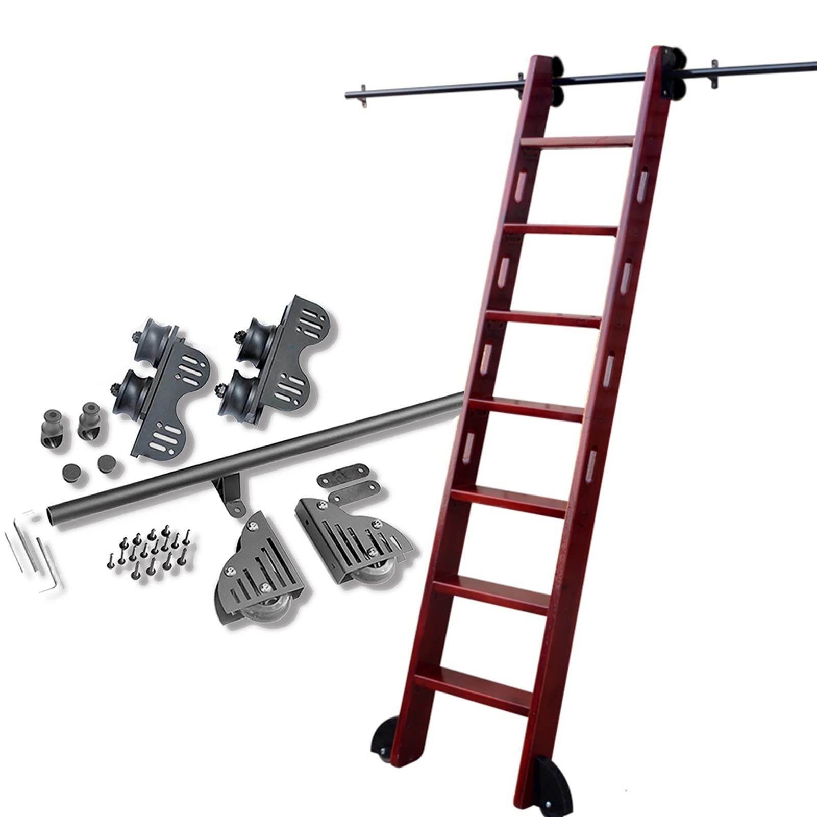 Rollleiter-Hardware-Bibliothek, einziehbares Schiebeleiter-Hardware-Kit (ohne Leiter) + Verlängerungsschiene, runde Rohr-Mobilleiterschiene, für Bücherregal/Dachboden/Zuhause (Größ
