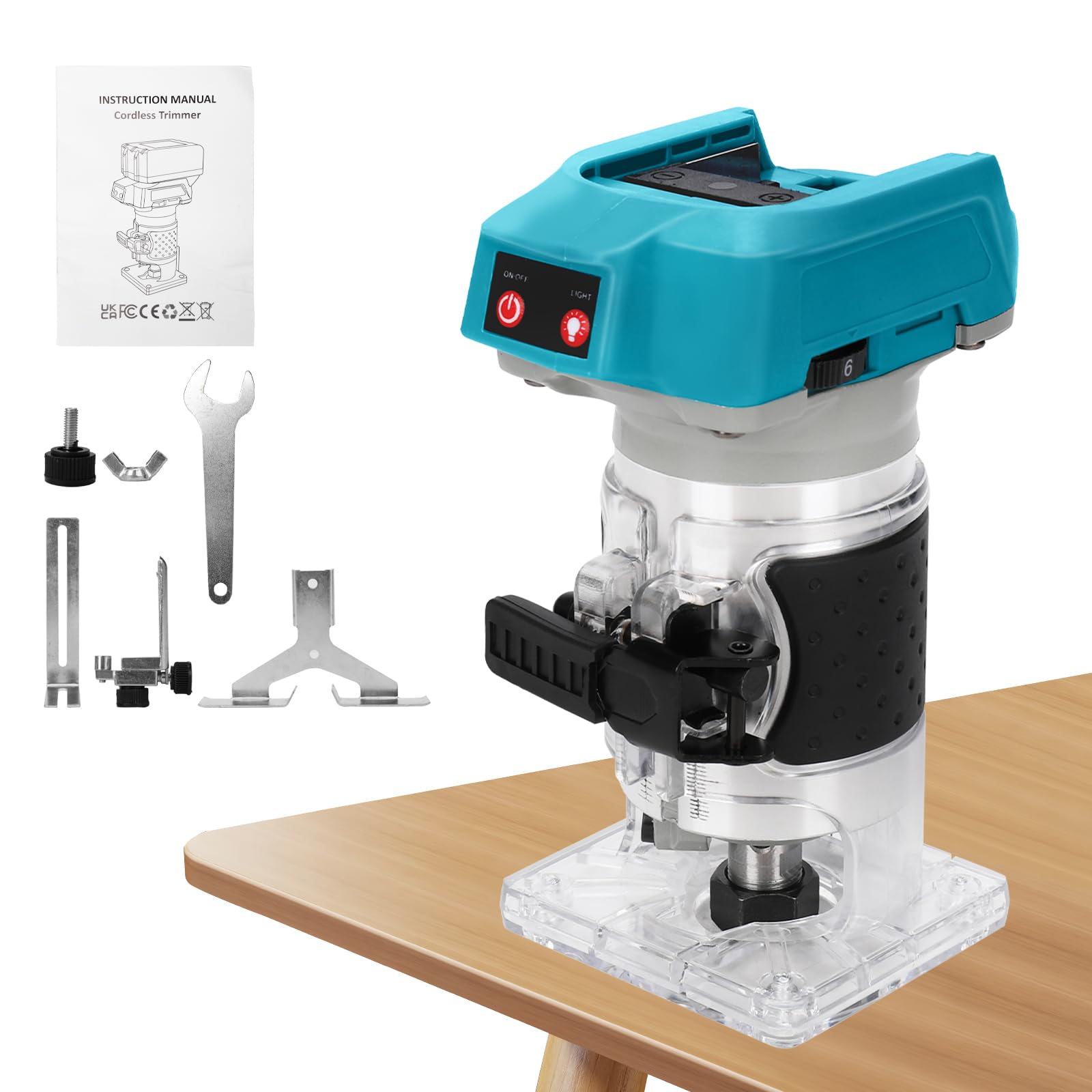 Bois Défonceuse Affleureuse pour Makita 18V Batterie, 1300W Ø 8 mm ou 6 mm, 13000-30000RPM, 6 Vitesses Variables (sans batterie)