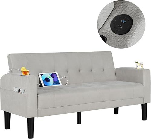 AILEEKISS Sofá biplaza tapizado de tela de lino de 62 pulgadas con 2 USB, portavasos, bolsillo lateral, moderno sofá copetudo para sala de estar,