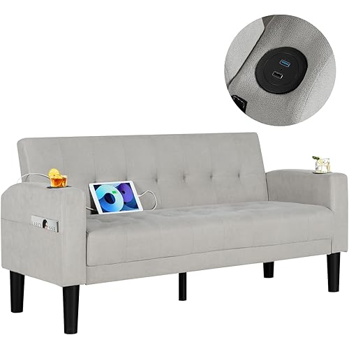 AILEEKISS 62" Loveseat Couches Upholstered Fabric Linen Love Seat Sofas Couch with 2 USB, Cup Holders, Side Pocket, Modern Tufted Sofa for Living Room, Office, Bedroom, Apartment (2-Seat, Light Grey)
