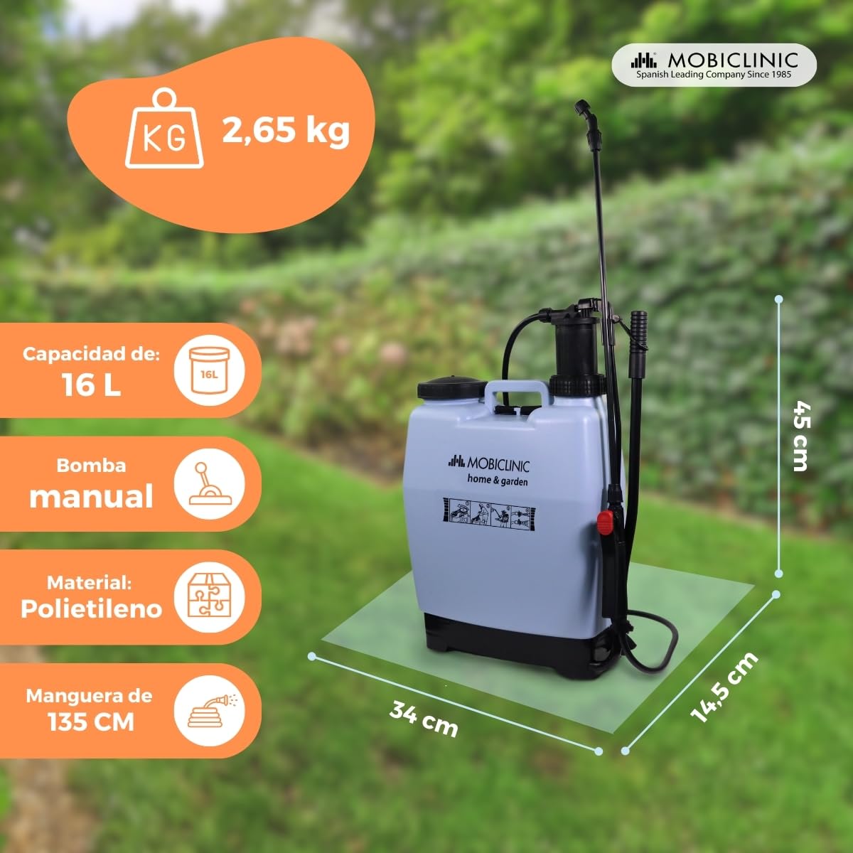 Mobiclinic®, Mochila Pulverizadora, 16 L, Jardinería, Presión con Bomba, 4 Boquillas Ajustables, Peso Ligero 2 kg, Sulfatadora, Riego, Control de plagas, Cuidado Plantas, Fumibug