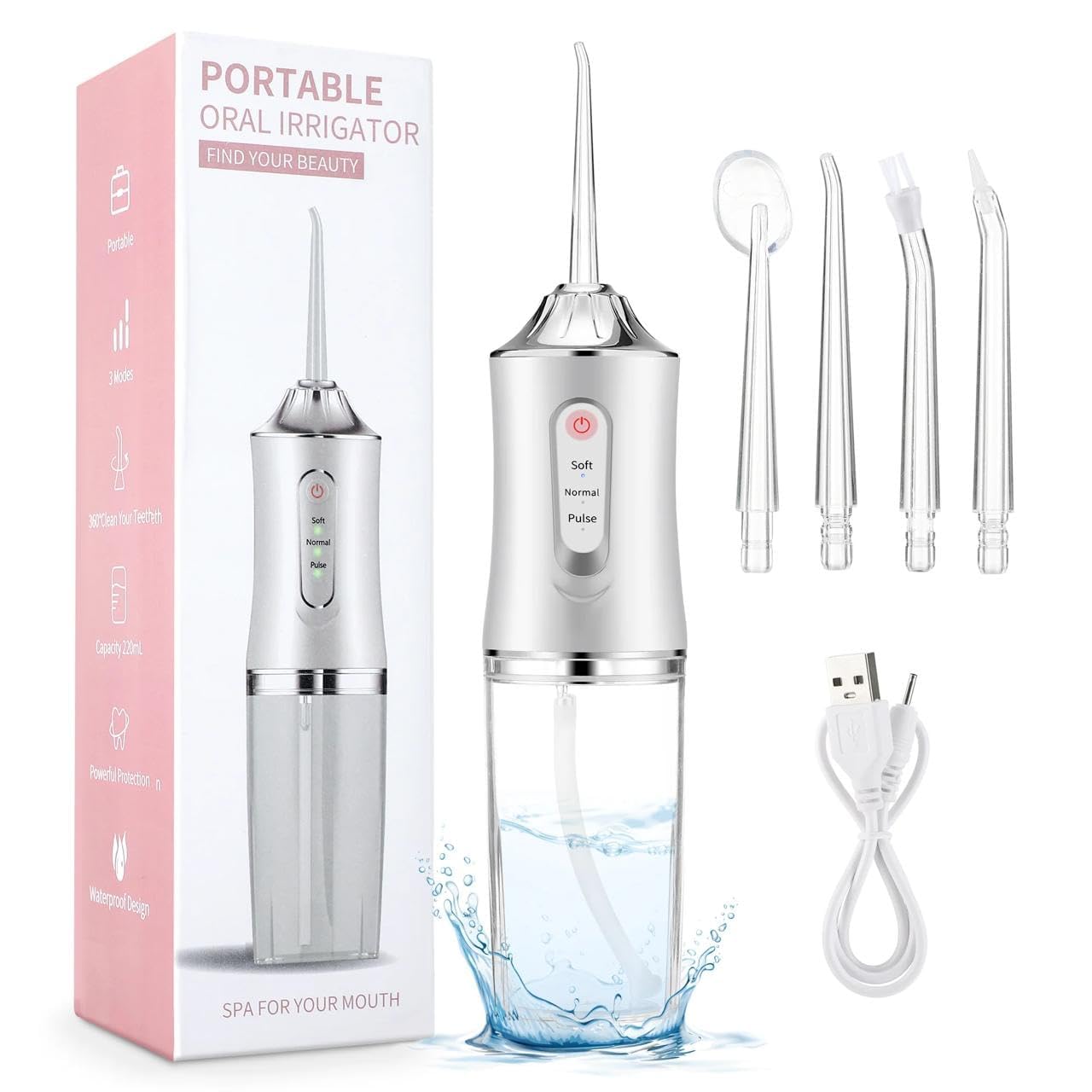 Water Flosser | Portable Oral Irrigator with 3 Modes, 4 Jet Tips | Cordless Waterproof Rechargeable Flosser with 230ml Detachable Water Tank (Multicolor)