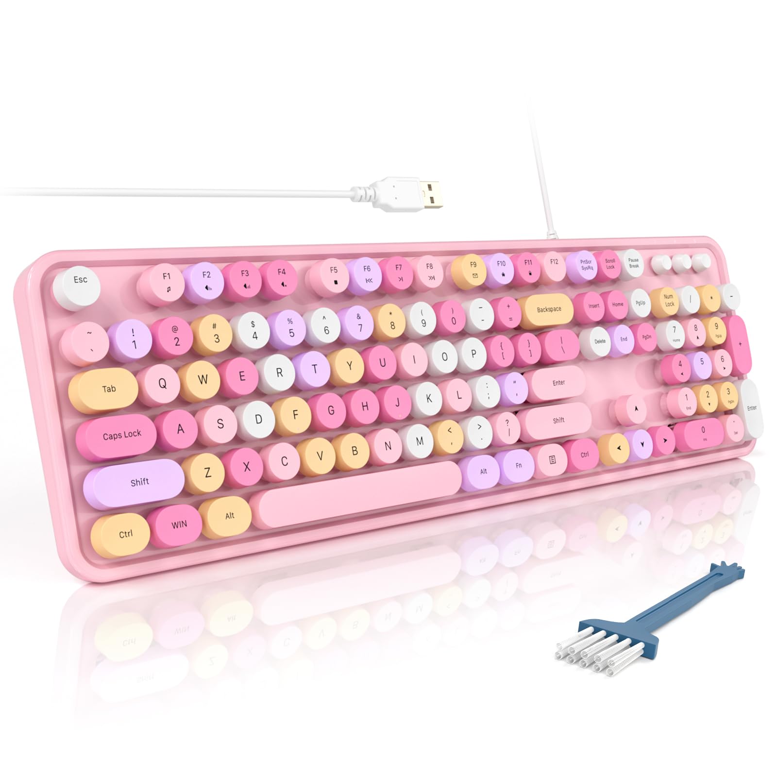 MOFII Wired Full Size USB Keyboard, Colorful Retro Round Typewriter Keyboard with Foldable Stands for Windows PC Laptop (Pale Pink)