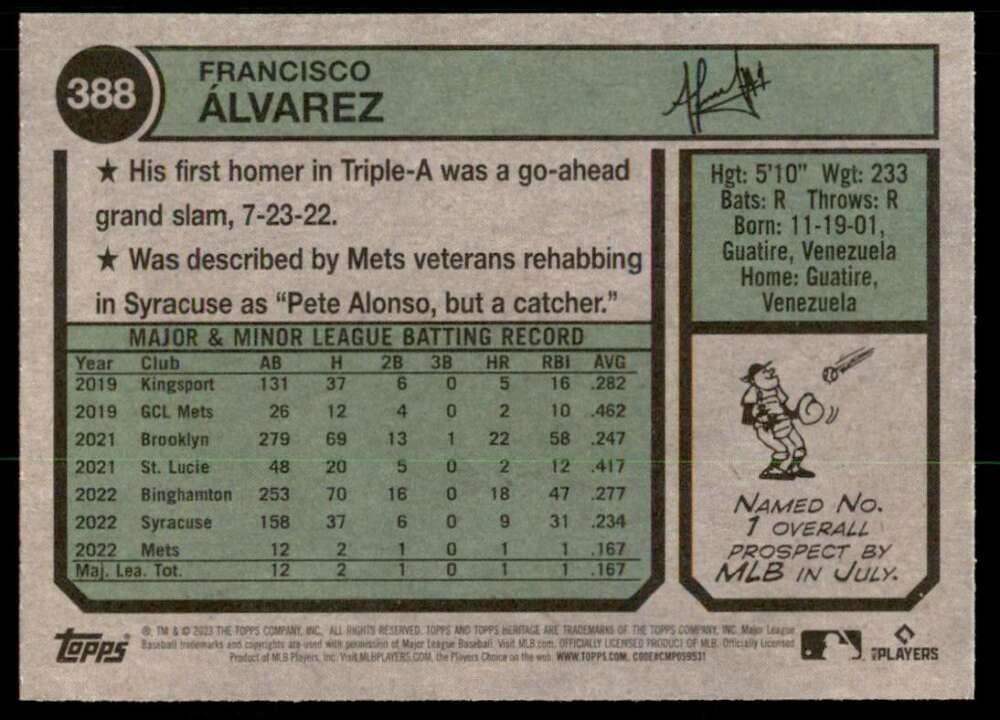Amazon.com: 2023 Topps Heritage #388 Francisco Alvarez NM-MT RC