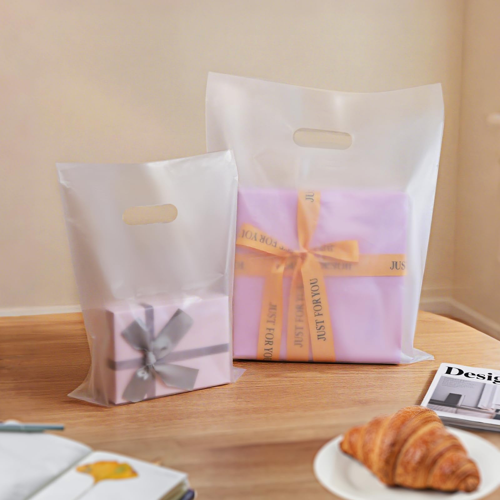 100 Pcs Plastic Bags With Handles 9"x12", Clear Gift Bags Shopping Merchandise bags for Small Business Retail Stores Gifts