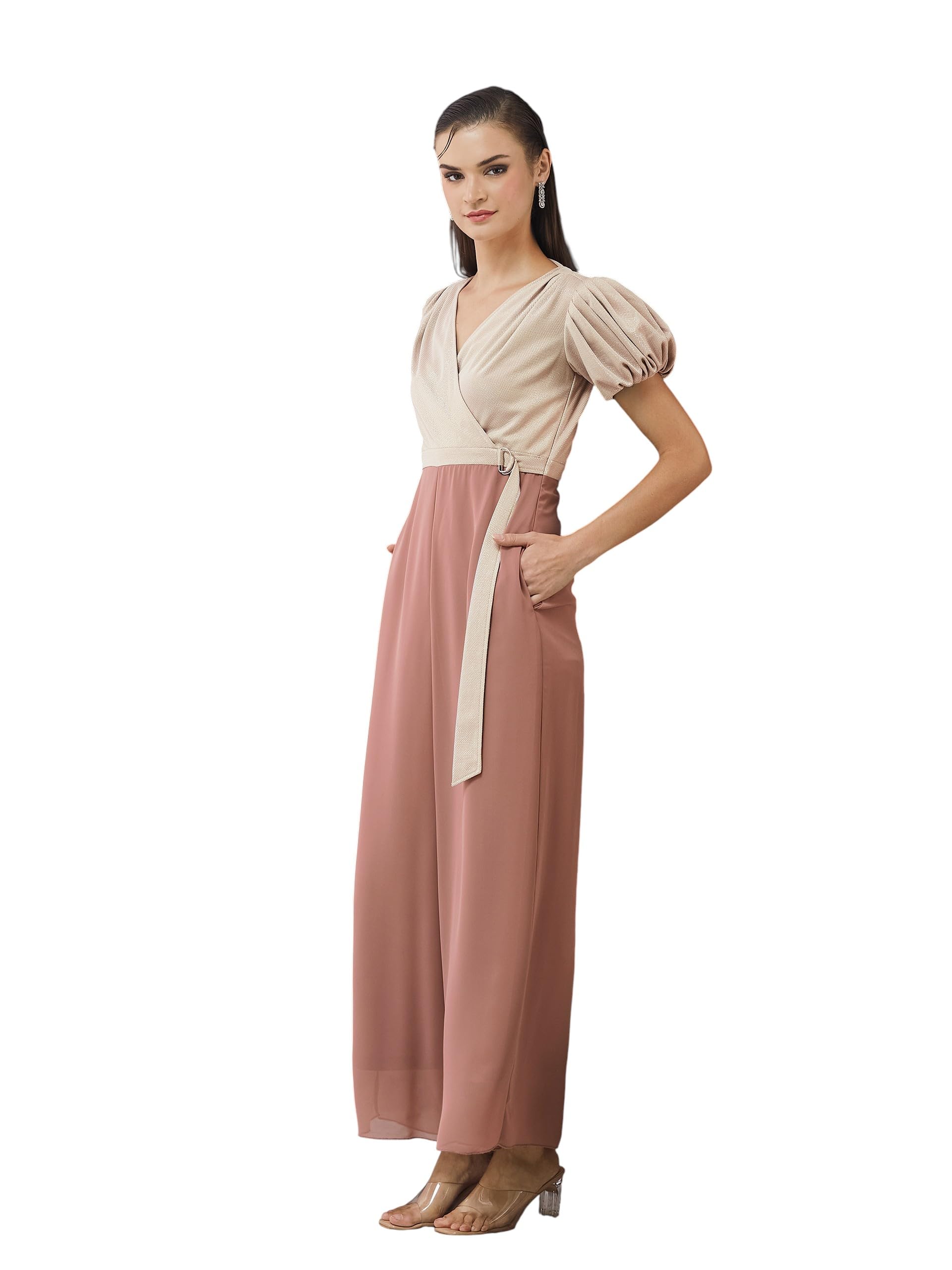 Women's V-Neck Half Sleeve Embellished Wrap Regular Jumpsuit