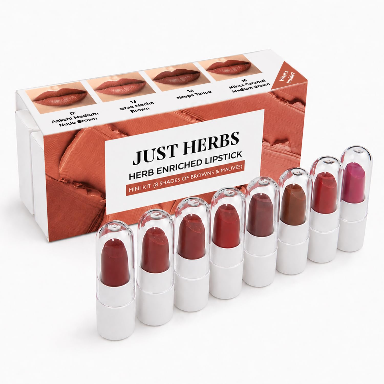 Just Herbs Herb Enriched Lipstick Kit | 8 Creamy Matte Shades | Travel Friendly & Richly Pigmented | Infused with Ashwagandha, Brahmi & Castor Oil | Curated for Indian Skin Tones (Browns & Mauves)-picture-33