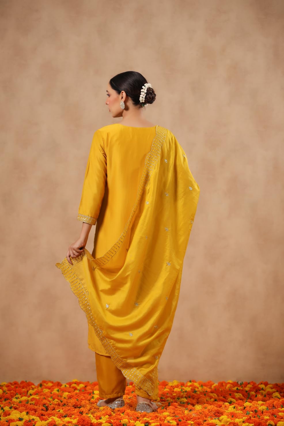 ishin Set da donna in poliestere seta etnica Zari senape dritto kurta con pantaloni e Dupatta