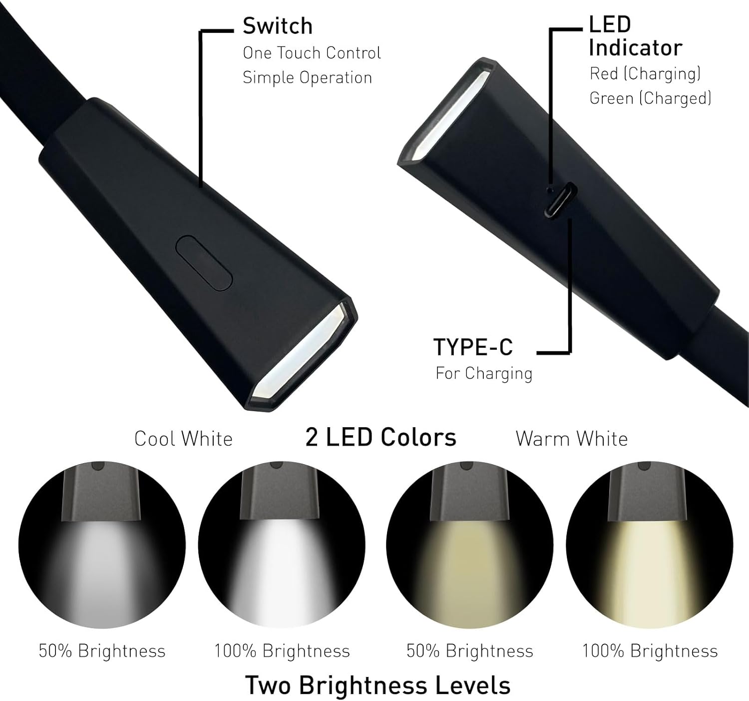 LED Neck Reading Light, Book Light for Reading in Bed, 2 Colors, 4 Brightness Levels, Bendable Arms, Rechargeable, Long Lasting,Comfortable & Lightweight for Reading,Crafting (Black-typec)