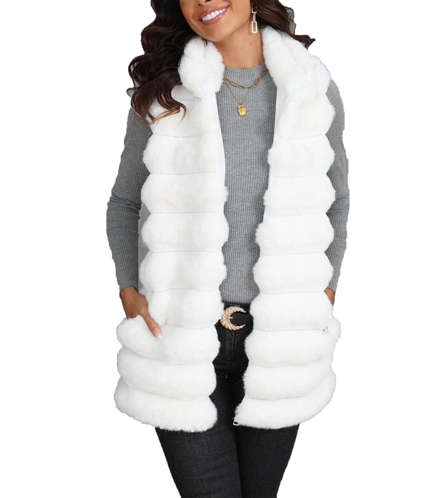 Gilet lungo cardigan della pelliccia sintetica delle donne Fluffy Fuzzy Open Front Vest Zip up caldo gilet peloso