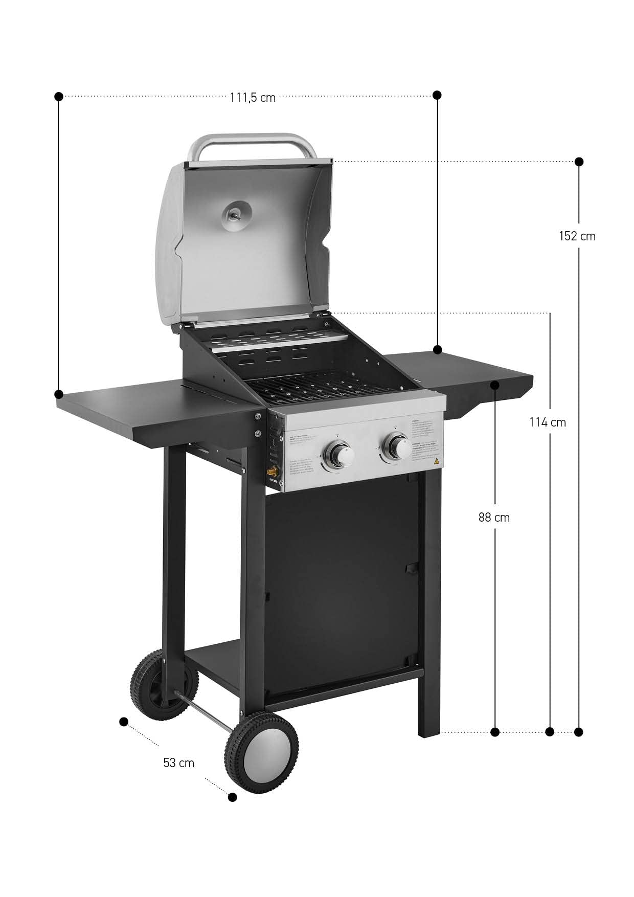 Heinrich´s Gasgrill, Grillwagen, 2Flächen Brenner aus Edelstahl, Balkon-Grill auf 2 Rädern, BBQ-Grill, Seitenablage klappbar, stufenlose Temperatursteuerung, Temperaturanzeige