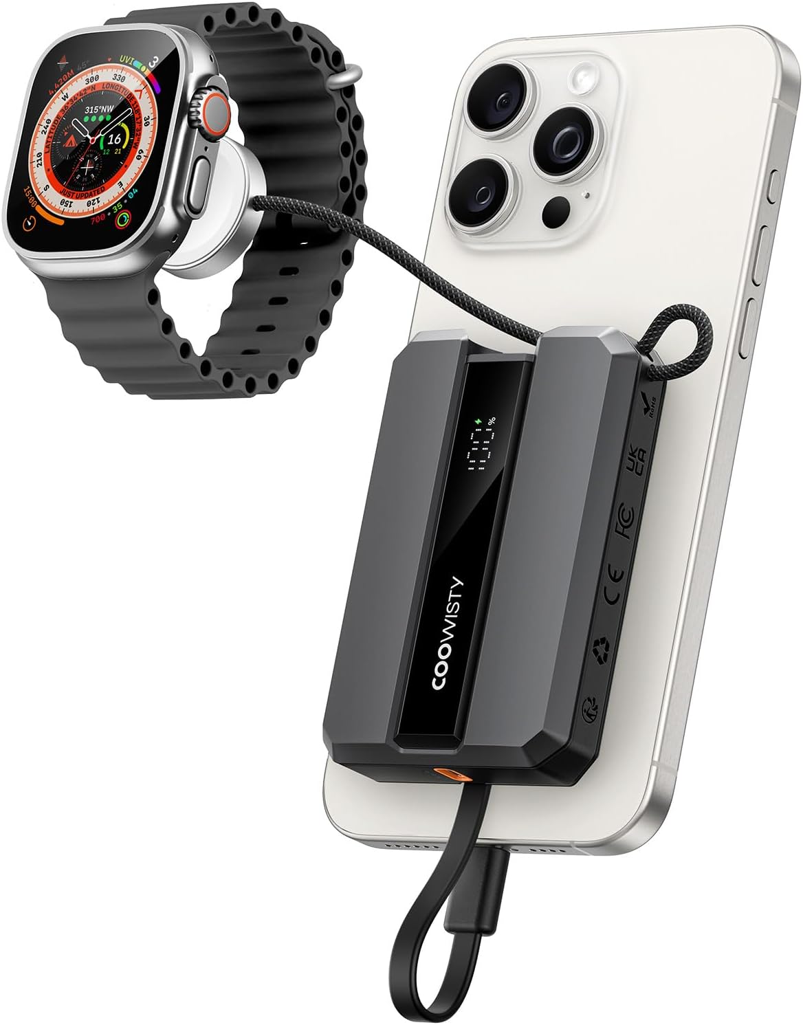 Coowisty Portable Charger with Built in USB C Cables, Power Bank 10000mAh 20W PD Fast Charging Battery Pack Compatible with Apple Watch Series 9/8/7/6/Se/5/4/3/2, iPhone16/15