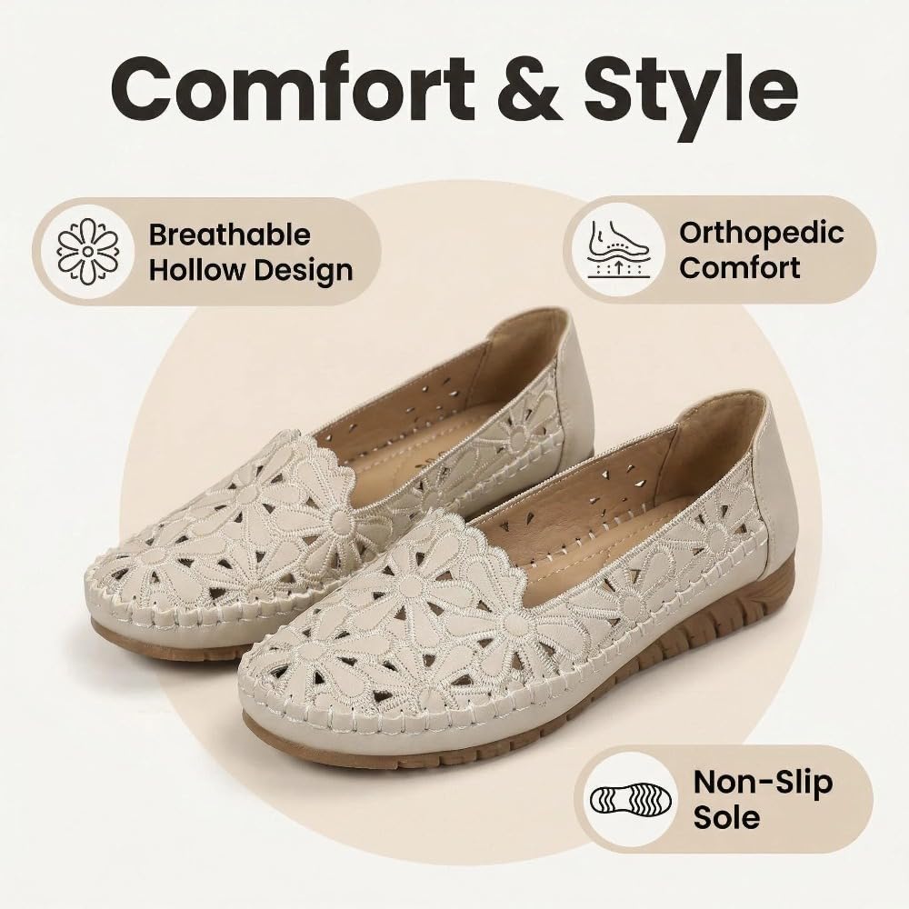 Scarpe casual da donna, comode, leggere, alla moda, con intaglio, ballerine floreali da donna, mocassini ortopedici larghi e mocassini