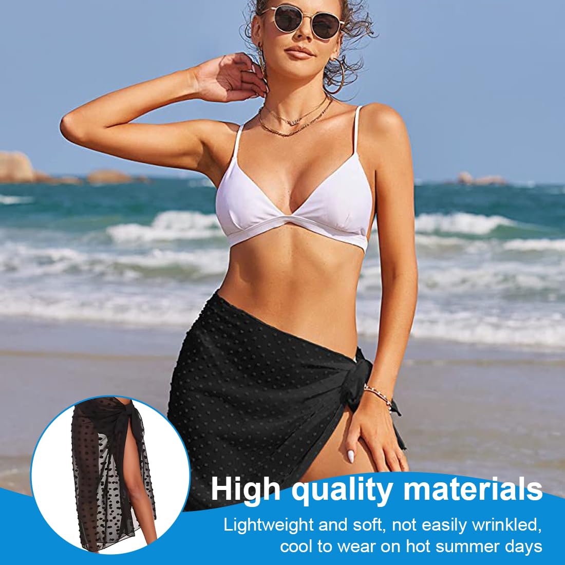 Sarong Paréo Long Femme Plage - Jupe De Bain Chiffon Translucide 145x110 Cm, Robe De Plage Polyvalente