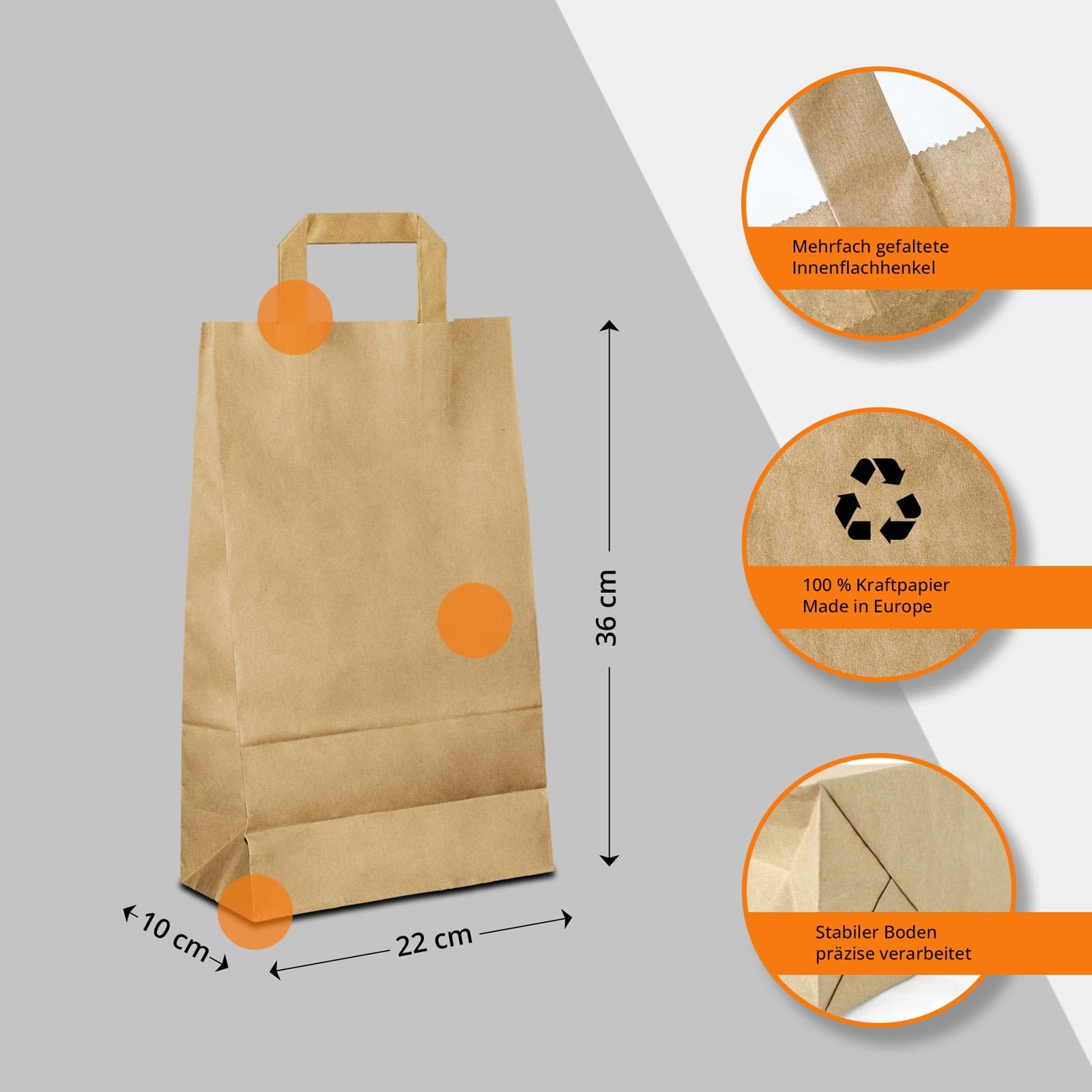 Papiertüten Braun mit Flach-Henkel I 250 Stk. 22+10x36cm I Papiertragetasche für Einzelhandel, Hochzeit, Geburtstag, TO-GO I Geschenktüten aus Kraftpapier I HUTNER