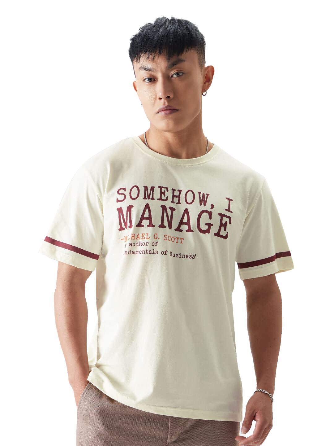 The Souled StoreOfficial The Office: I Manage Men and Boys Regular fit Graphic Printed Half Sleeve Cotton White Color Men T-Shirts