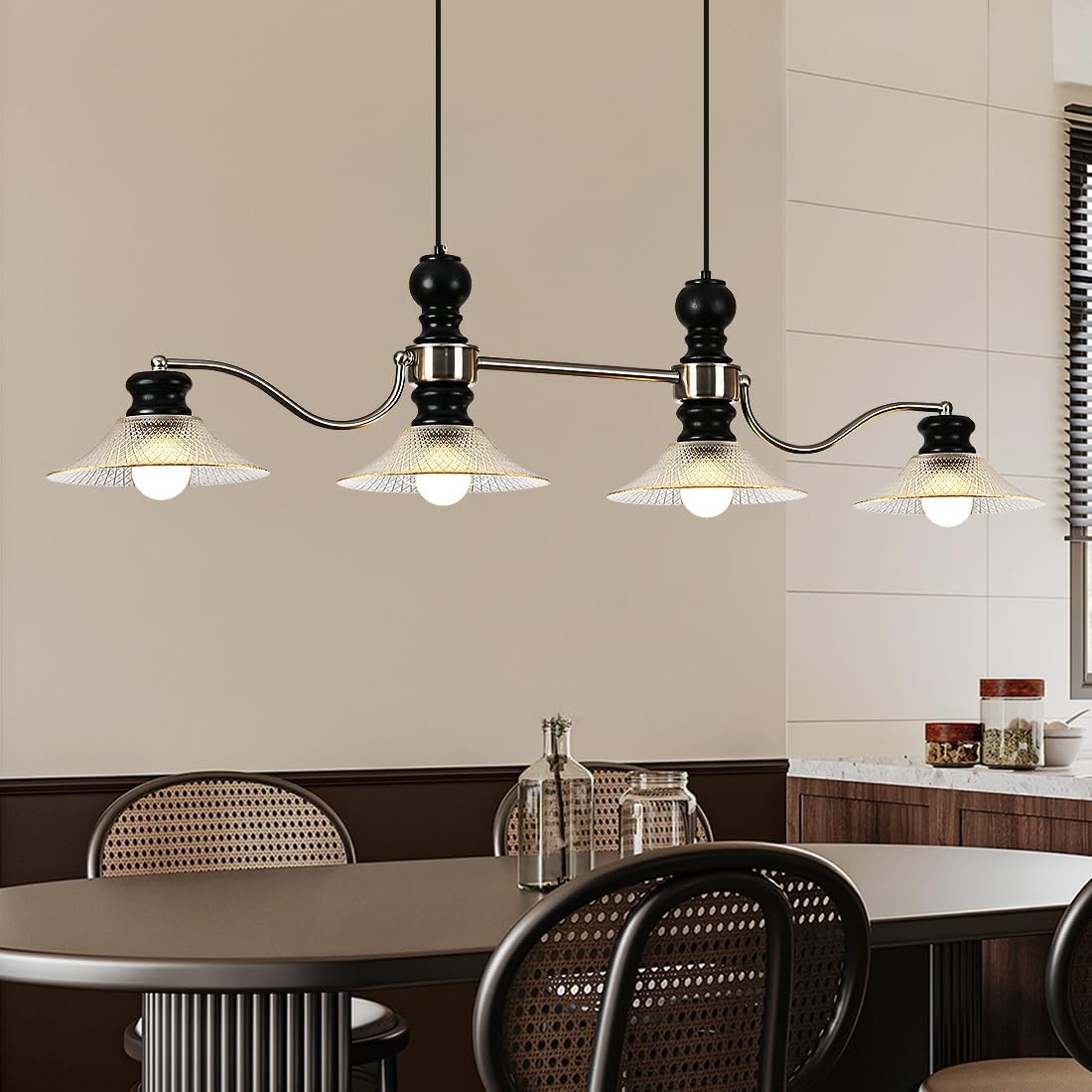 Modern Farmhouse 4-Light Linear Island Pendant Light, Black and Brushed Nickel Finish, Glass Cone Shades, Ideal for Restaurant, Kitchen Island,Café