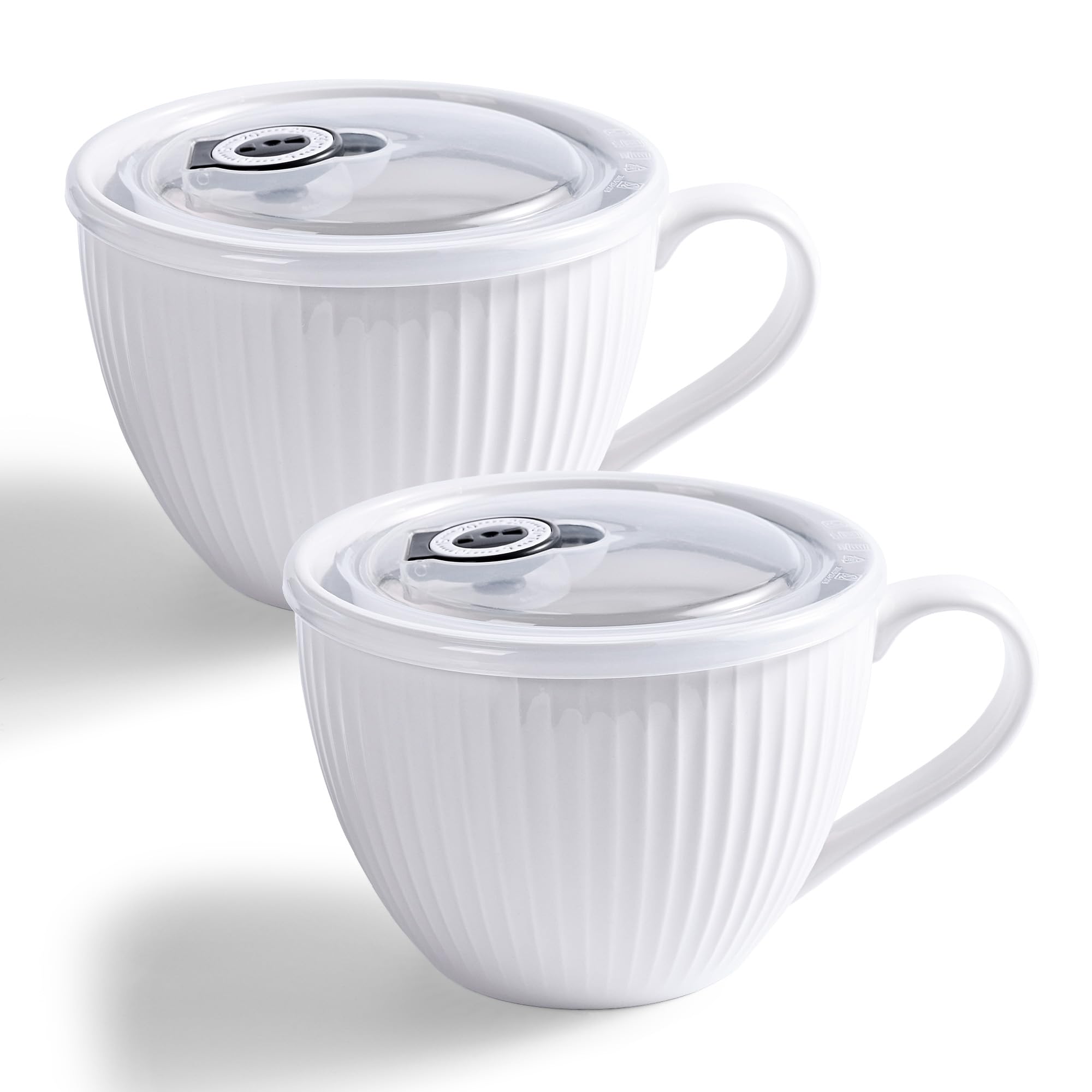 Hoilse Ceramic Soup Bowl with Handle – Large 680ml Microwave Soup Mug with Lid, Soup Container & Cup for Ramen, Porridge,Meal Prep, Breakfast,Ideal Housewarming Gifts - Set of 2 (White)