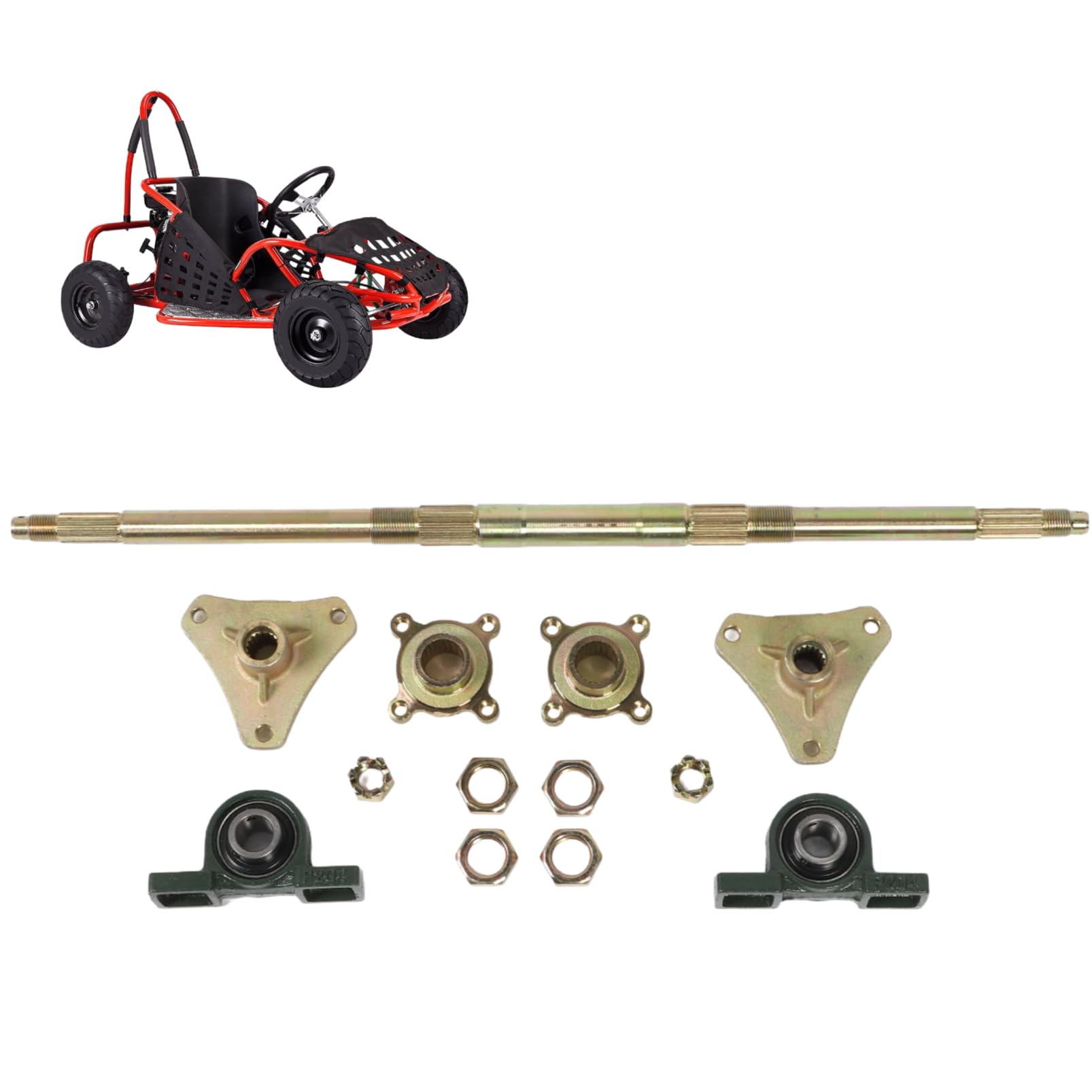 24-Zoll Go-Kart-Hinterachssatz, Hinterachswellen-Kit Anti-Schlag-Naben aus Metall, ATV-Hinterachs-Montagesa, Bremskettenscheiben-Bremssattel-Nabensatz für 50–150-CC-ATVs Quads Drift-Trikes