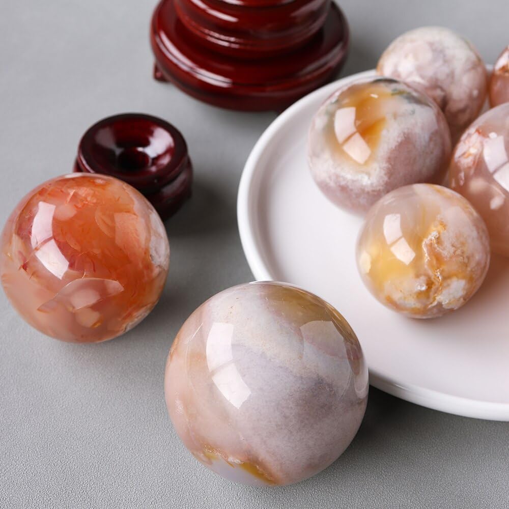 Cristal naturel brut Boule de cristal d'agate de cerise naturelle, sphère de Quartz Reiki, spécimens de pierres précieuses artisanales, boule d'agate de fleur polie, décoration de maison ( Size : 4-5c