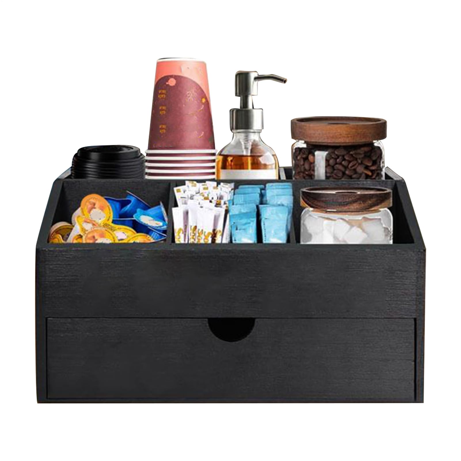 Générique Kaffee-Counter Organizer, 1118 g Stirrer, Holz, Küchenutensilienhalter, mit Drawer für Tasse, Zucker, Tee, Kaffee, Phone, Stirrer, Scoop und Straw, 31 x 20 x 17 cm
