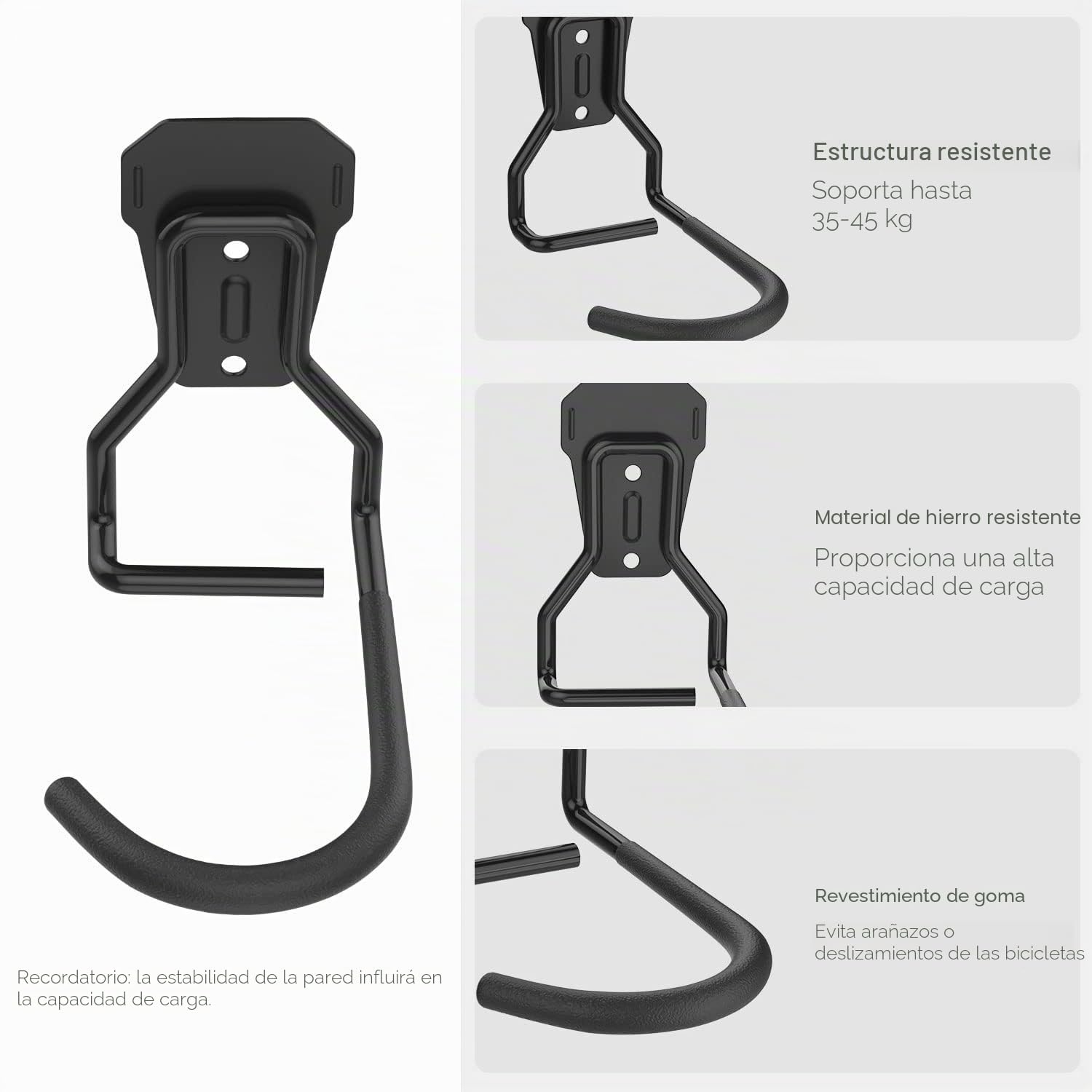 Housolution Gancho Vertical de Pared para Colgar Bicicleta, [2 PZS] Soporte de Pared para Bicicleta de Montaña de Hierro hasta 35kg/77 lbs, Colgador de Pared para Bicicleta con Capa de Goma, Negro