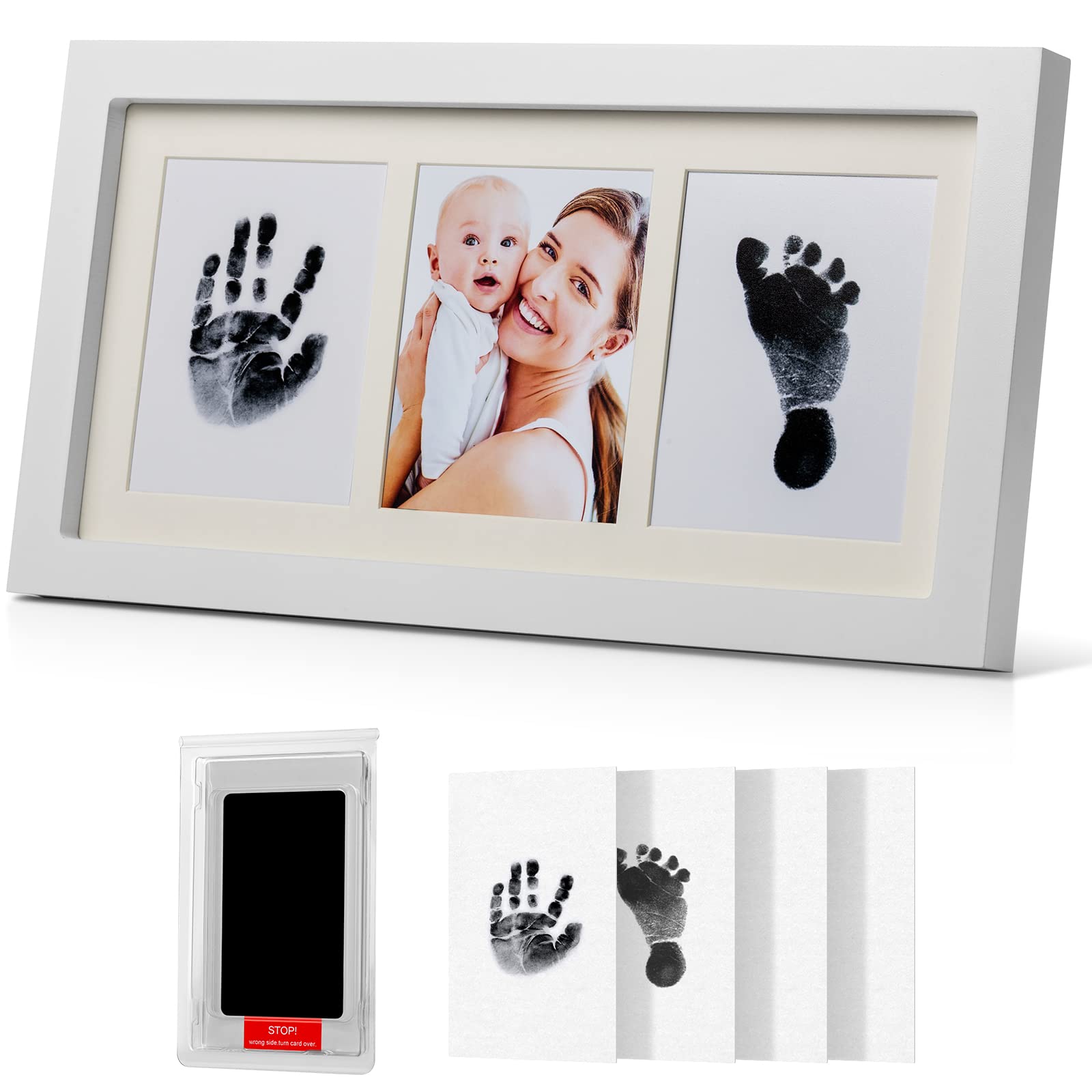 Baby Handprint and Footprint Kit(Safe Clean-Touch Ink Pad for Prints), Picture Frame in Elegant White Natural Wood, Baby Keepsake Frame, Baby Shower Gifts, Non-Toxic, Baby Safe(White)