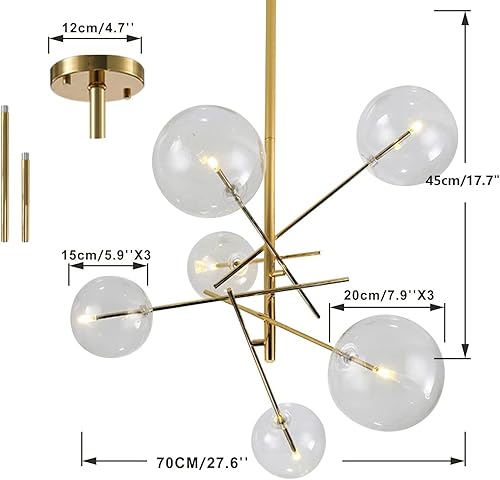 Miniatura 2 de KCO Lighting - Candelabro de latón cepillado con forma de globo de cristal, lámpara redonda de mediados de siglo, moderna Sputnik, lámpara de techo