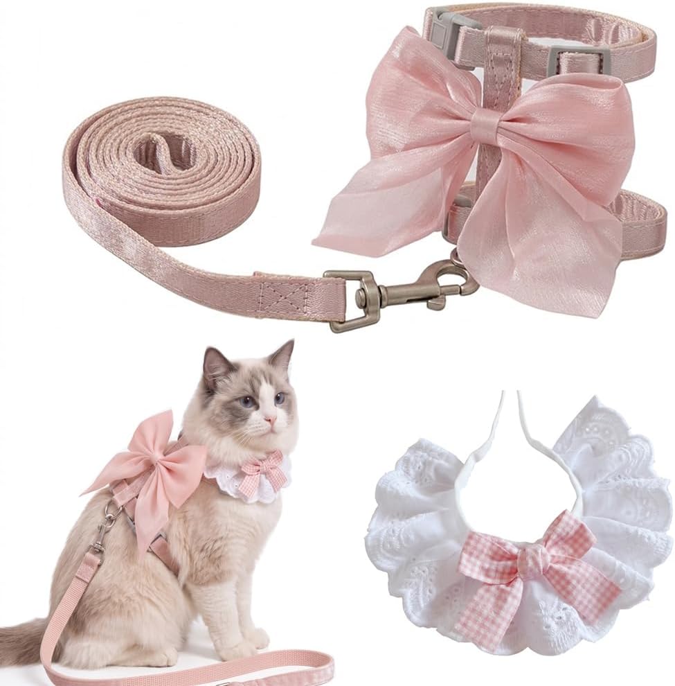 Escape Proof Cat Harness and Leash Set, Adjustable Pink Bow Kitten