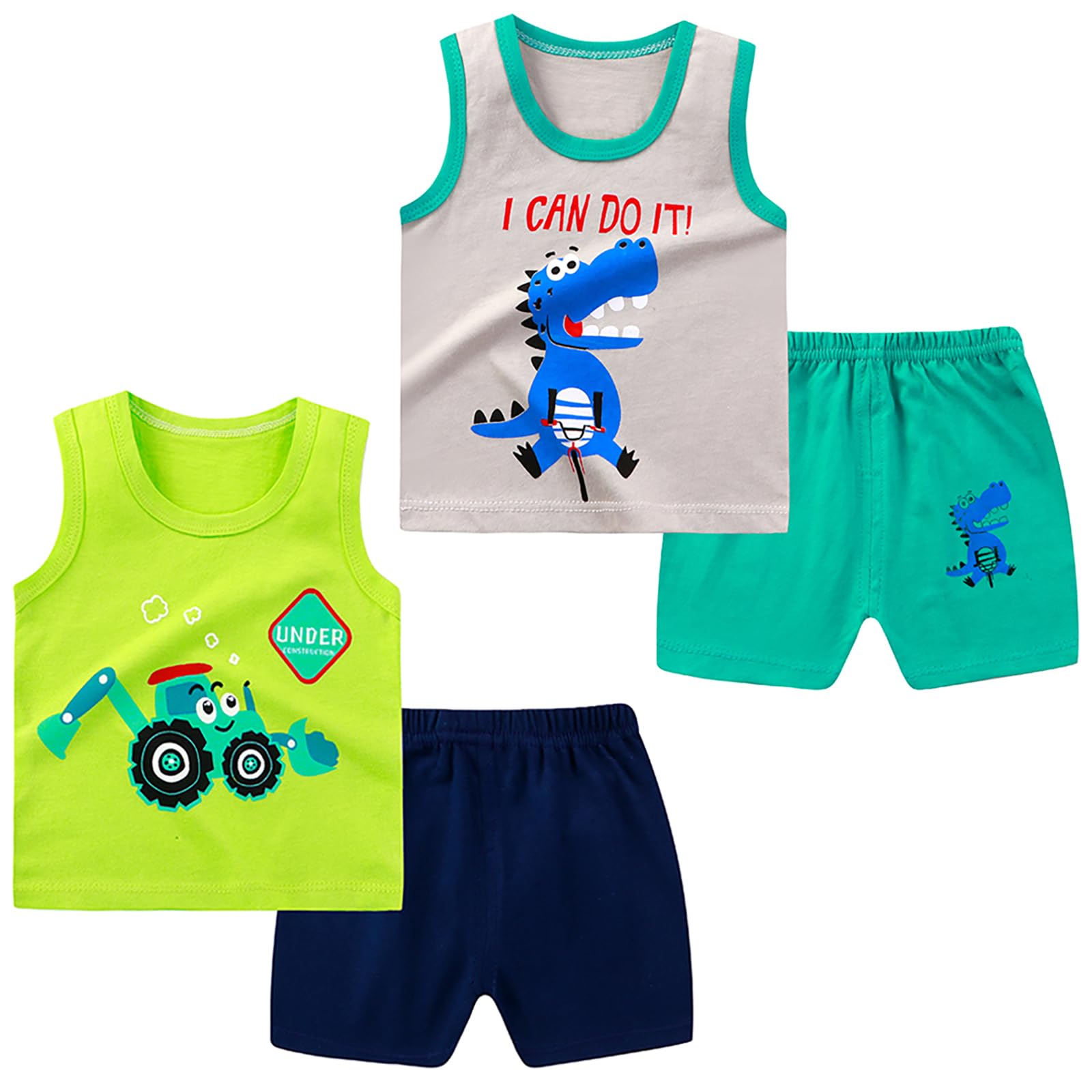 Set di 4 canottiere e pantaloncini, in cotone, senza maniche, con pantaloncini e abiti estivi