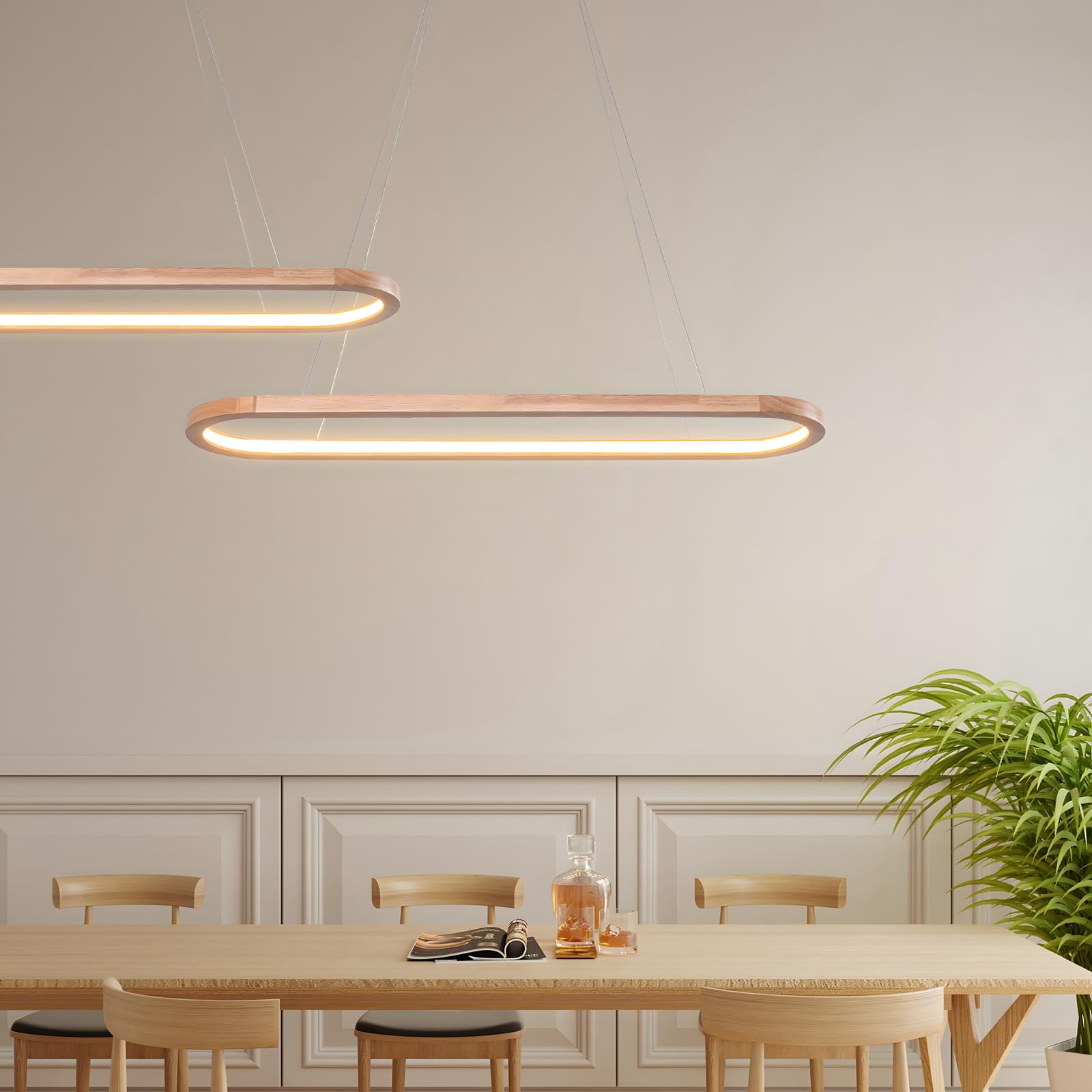 Wood LED Kronleuchter Deckenleuchte, Dimmbare Ovale Ring Holzbeleuchtung, 3000-6000K, Einstellbare Kreis Anhängerlampe, Kücheninsel Esszimmer Wohnzimmer Foyer Hängen【70cm】