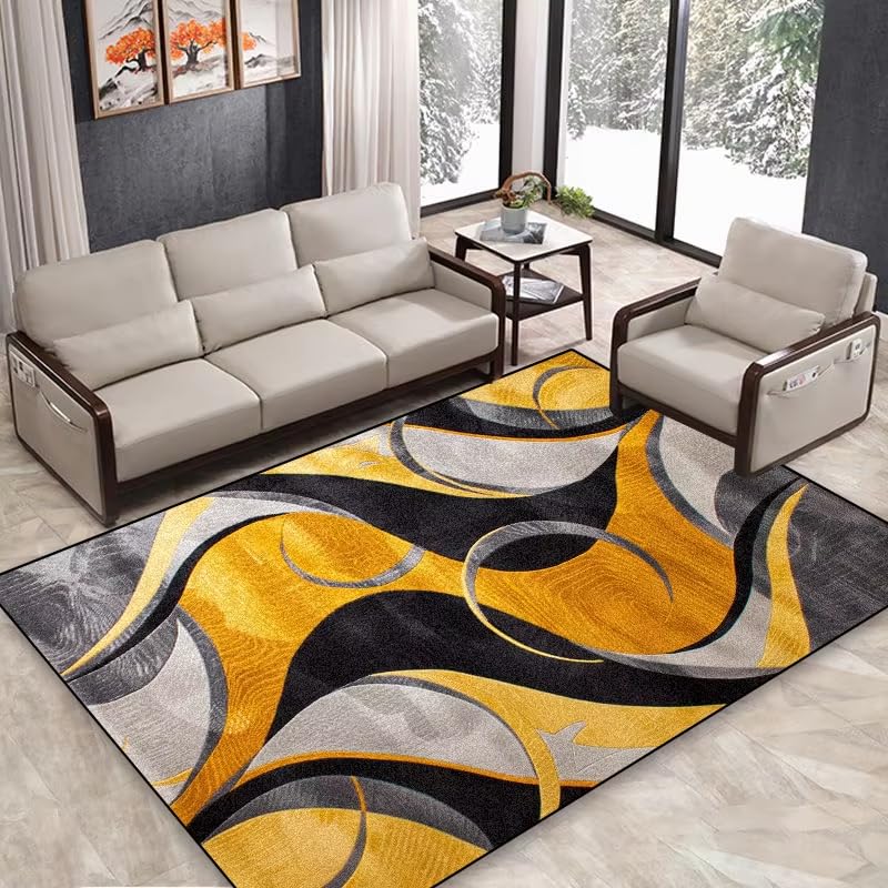 Tapis de salon grande surface anti-tache marron clair et orange