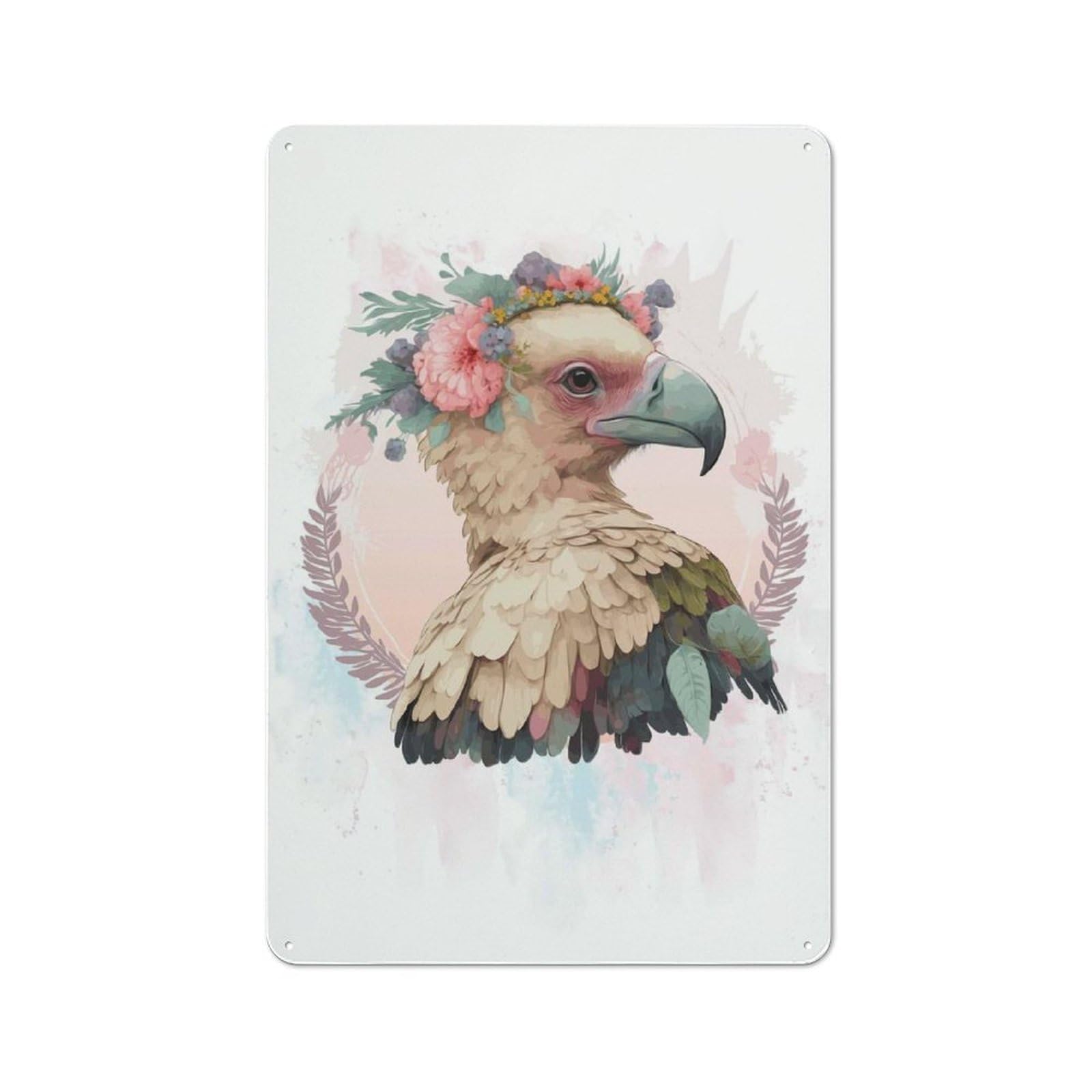 Junmoney Style-6 Metal Plaque With Floral Watercolor Vulture Design 30X20cm, Cosy Diner Style Decor For Coffee Bar, Kitchen, Bistro Or Tea Corner