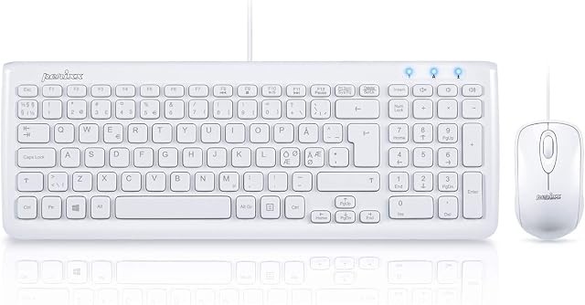 Perixx PERIDUO-303 Wired Small Computer Nordic Keyboard Mouse Desktop Set with Number Pad and Multimedia Keys, Pan-Scandinavian QWERTY, Piano White